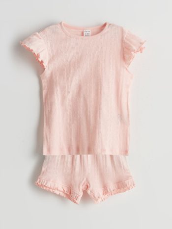 LCW Baby Pink Round Neck Girl's Baby Shorts Pajama Set