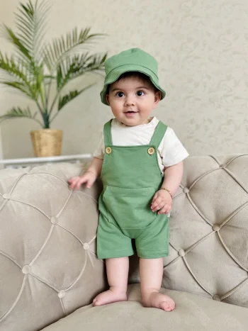 Bucket Hat %100 Cotton Fabric T-shirt and Overalls 3-Piece Set