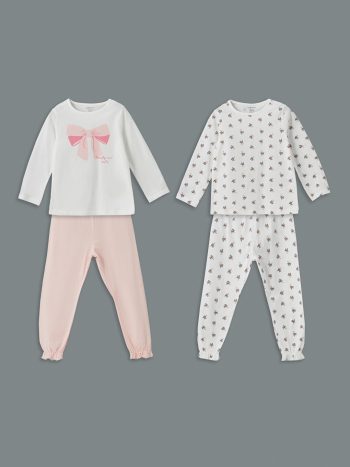 LCW Baby White Round Neck Printed Girls' Pajama Set - 2 Pieces