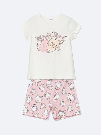 LCW Kids Ekru Printed Cotton Short Pajama Set for Girls