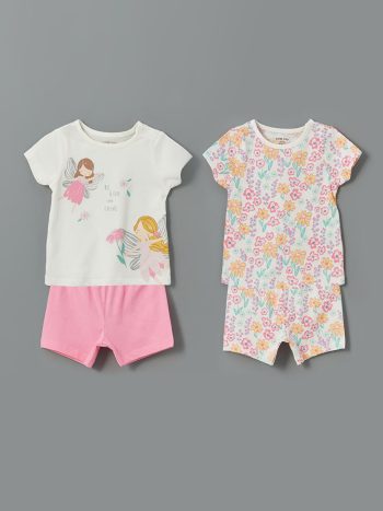 LCW Baby Cream Crew Neck Girls' Baby Pajama Set with Shorts, 2 Pieces