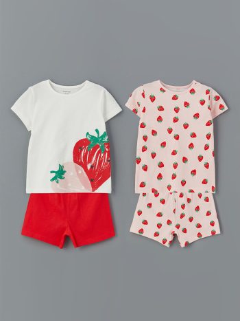 LCW Baby Cream Strawberry Printed Girls' Short Pajama Set 2-Piece