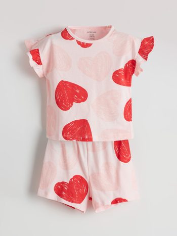 LCW Baby Pink Heart Printed Girl's Baby Pajama Set with Shorts