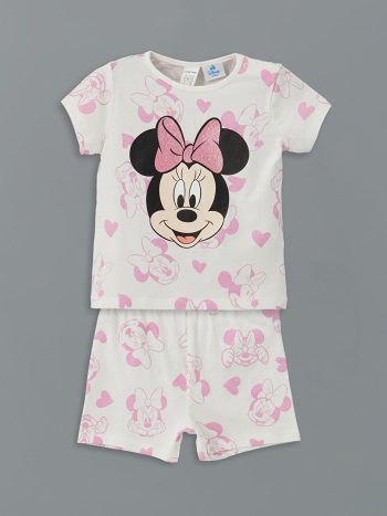 LCW Baby Ekru Minnie Mouse Print Girl's Pajama Set with Shorts