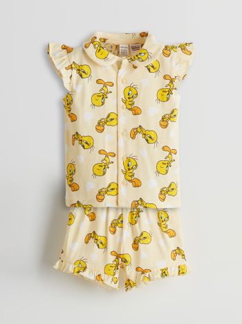 LCW Baby Yellow Tweety Printed Girl's Pajama Set with Shorts
