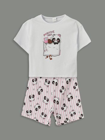LCW Kids White Printed Girls' Pajama Set with Shorts