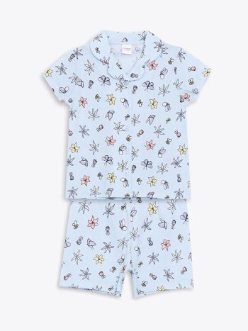 LCW Kids Blue Printed Girls' Pajama Set with Shorts