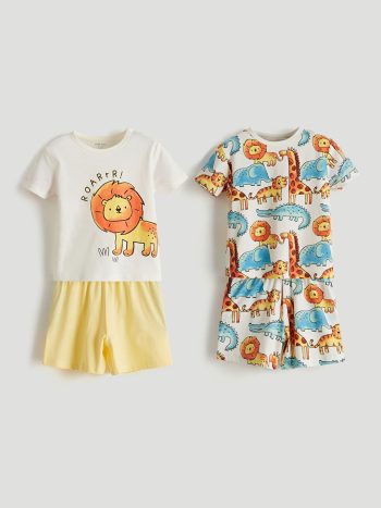 LCW Baby Cream Round Neck Printed Boy's Baby Pajama Set 2-Piece