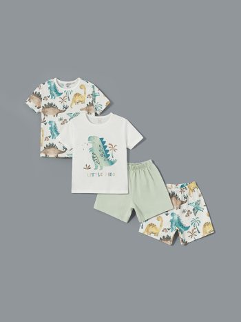LCW Baby Off-White Crew Neck Dinosaur Print Short Set Pajama Set for Boys - 2 Pieces