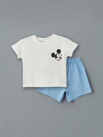 LCW Baby  Off-White Mickey Mouse Printed Boys' Baby Pajama Set with Shorts