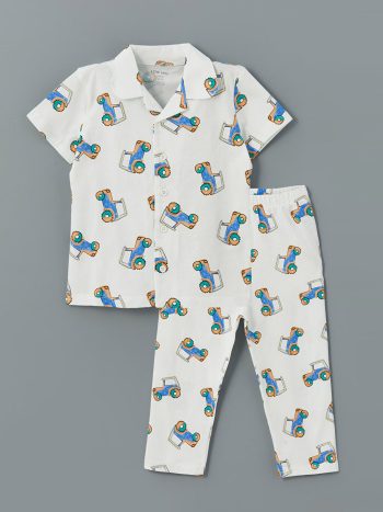 LCW Baby  Cream Polo Collar Printed Baby Boy Pajama Set
