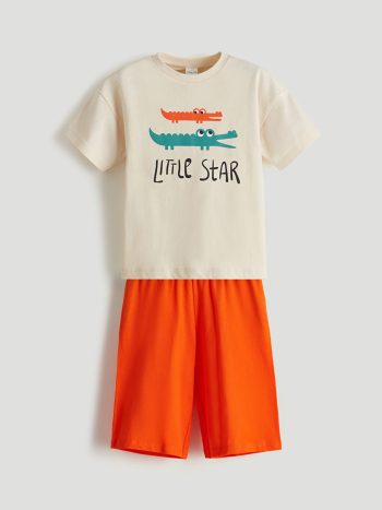LCW Kids Printed Short-Sleeve Bicycle Neck Boys' Baby Pajama Set with Shorts