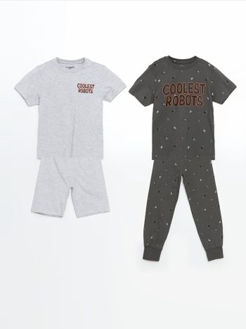 LCW Kids Gray Printed Crew Neck Boys' Pajama Set - 2 Pieces