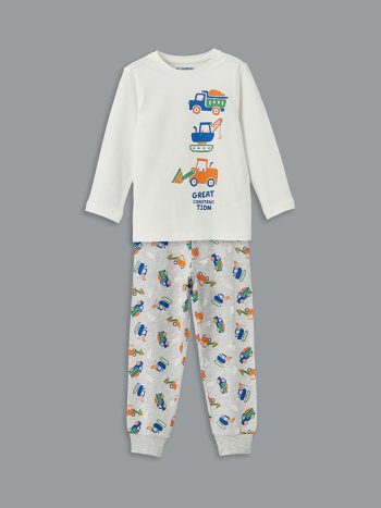 LCW Kids                                                                                          Ecru Crew Neck Printed Boys' Pajama Set