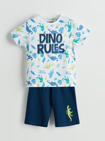 LCW Kids White Dinosaur Print Boys' Shorts Pajama Set