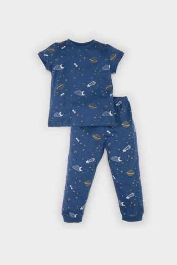 Boys' Pajama Set with Printed Short Sleeve Top and Elastic Waist Long Bottoms