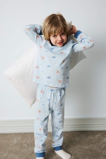 Boys' Baby Pajama Set with Patterned Cotton Long Sleeve Top and Elastic Waist Long Pants