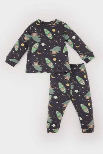 Boys' Baby Pajama Set with Space Print, Long Sleeve Top, Elastic Waist Long Pants