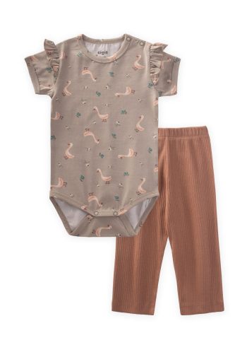 Printed Ruffled Shoulder Bodysuit Set 0-3 Years Duck Pattern