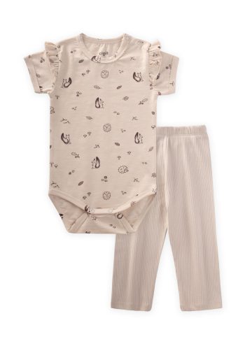 Patterned Ruffled Shoulder Baby Set 0-3 Years Squirrel Design