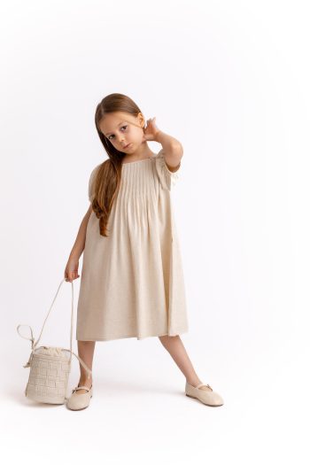 Nervüllü Linen Dress for Ages 2-7 Natural