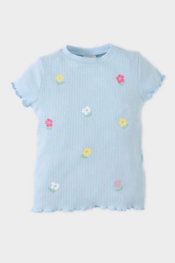 Girl's Regular Fit Floral Ribbed Short Sleeve T-Shirt with Crew Neck
