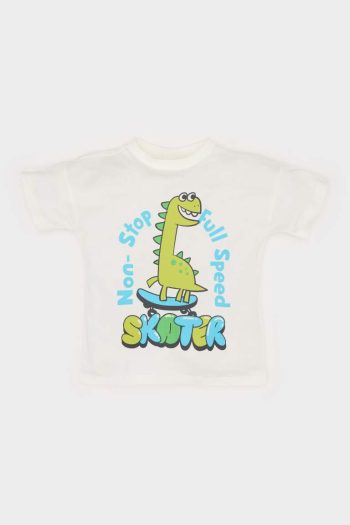 Boys' Short Sleeve T-Shirt with Dinosaur Print and Bicycle Neck