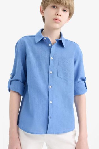 Boys' Long Sleeve Shirt with Polo Collar and Linen Look