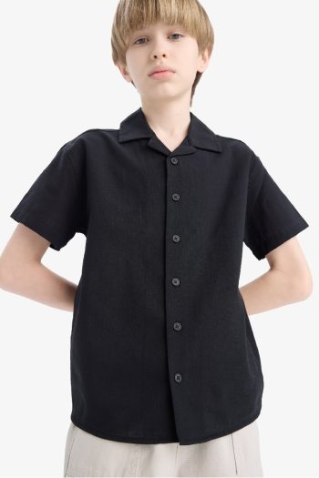 Boys' Oversized Loose Fit Polo Collar Short Sleeve Shirt with Linen Look