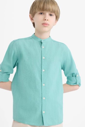 Boys' Long Sleeve Shirt with Stand Collar in Linen Look