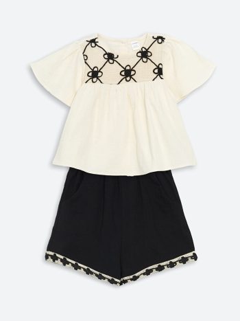 Ecru Embroidered Girls' T-Shirt and Shorts Set 2 Pieces