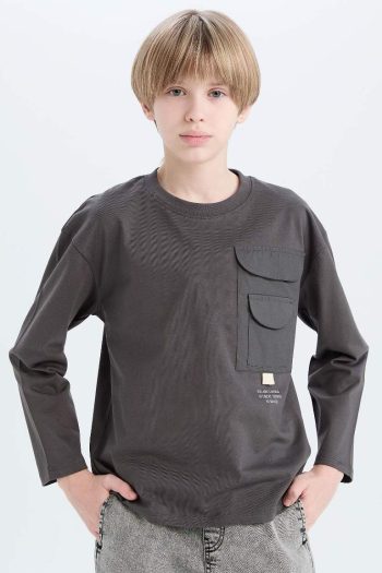 Boy's Oversized Wide Fit Printed Long Sleeve T-Shirt with Crew Neck