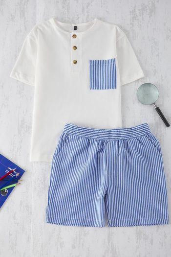 TRENDYOLKIDS Off-White Boys' %100 Cotton Striped Pocket Detail T-Shirt and Knitted Shorts Set TKDSS25AU00110
