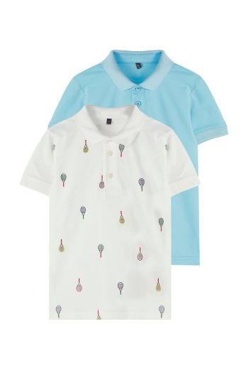 TRENDYOLKIDS Off-White-Blue 2-Piece Boys' 100% Cotton Printed Regular Fit Polo Neck Knit T-Shirt TKDSS25TS00089