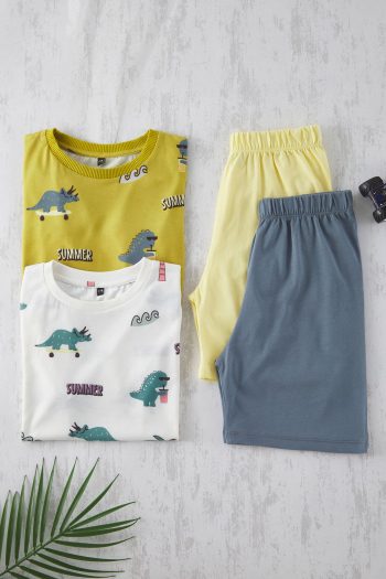 TRENDYOLKIDS Ivory 4-Piece Boys' Animal Print Knitted Pajama Set TKDSS25AU00116