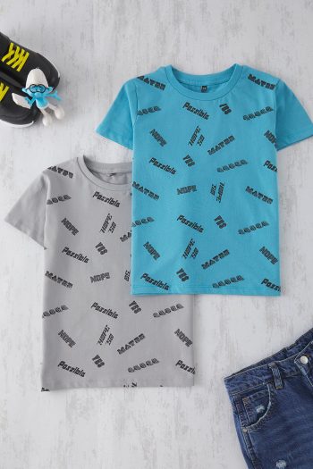 TRENDYOLKIDS Gray-Blue 2-Piece Cotton Printed Short Sleeve Knit T-Shirt for Boys TKDSS25TS00087