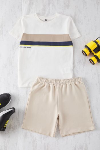 TRENDYOLKIDS Off-White Boys' Cotton Printed Knitted T-shirt - Shorts Set TKDSS25AU00098