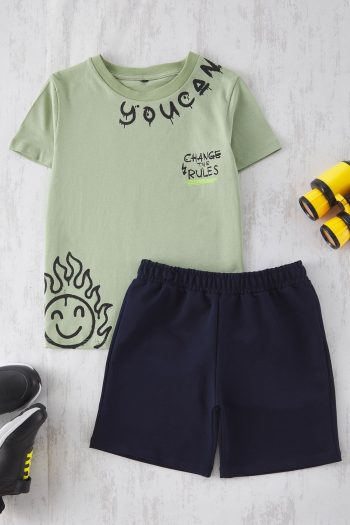 TRENDYOLKIDS Mint Boys' Cotton Printed Knit Set TKDSS25AU00097