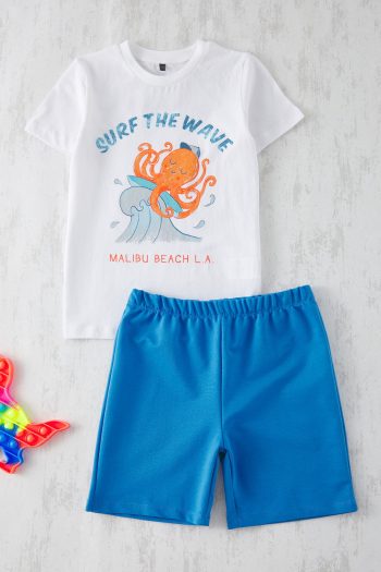 TRENDYOLKIDS Blue Cotton Printed Short Sleeve T-Shirt and Shorts Set for Boys TKDSS25AU00082