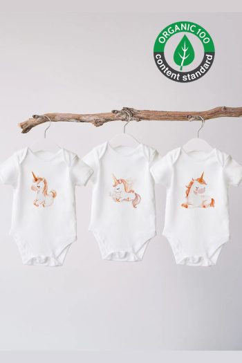 Lilabio %100 Organic Cotton 3-Pack Printed Short Sleeve Baby Bodysuit Unicorn