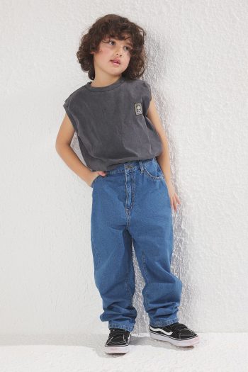 TRENDYOLKIDS Blue Boys Balloon Fit 100% Cotton Denim Jeans Pants TKDSS25JE00002