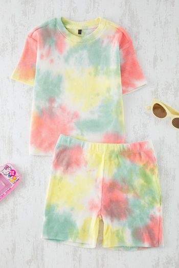 TRENDYOLKIDS Multi-Colored Girl's Cotton Tie-Dye Short Sleeved Knit Set TKDSS25AU00093