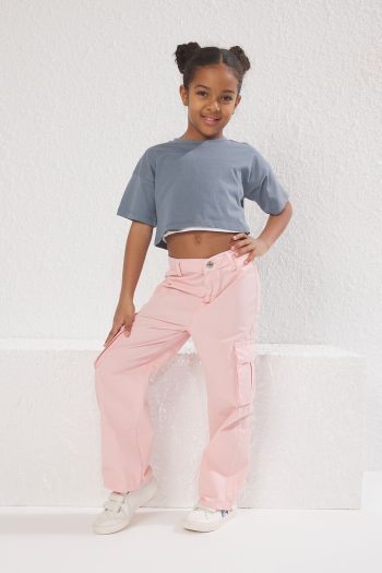 TRENDYOLKIDS Pink Girl's 100% Cotton Pocket Detailed Wide Leg Denim Pants TKDSS25PL00004