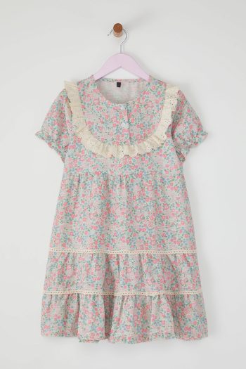TRENDYOLKIDS Mint Green Girls' Cotton Floral Embroidered Short Sleeve Mini Holiday Woven Dress TKDSS25EL00024