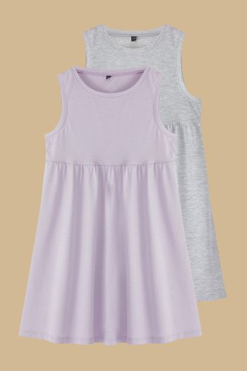 TRENDYOLKIDS Gray-Purple 2-Piece Girl's Basic Patterned Sleeveless Mini Knit Dress TKDSS25EL00015