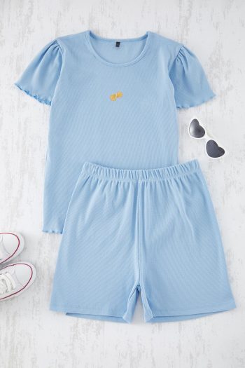 TRENDYOLKIDS Light Blue Girls' Cotton Minimal Embroidered T-Shirt and Knitted Shorts Set TKDSS25AU00019