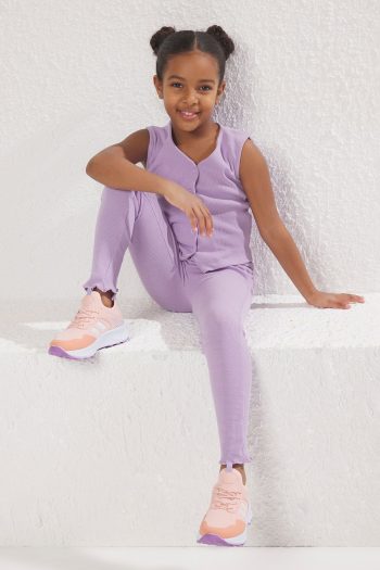 TRENDYOLKIDS Lilac Girls Basic Buttoned Ribbed Stretch V-Neck Vest Leggings Knit Set TKDSS25AU00030