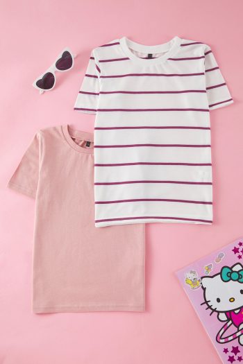 TRENDYOLKIDS Powder-Ivory 2-Piece Girls' 100% Cotton Regular/Normal Fit Short Sleeve Knit T-Shirt TKDSS25TS00028