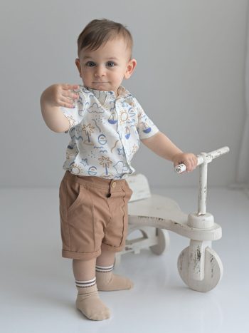 KANZ                                            Ecru Short Sleeve Printed Baby Boy Shirt and Shorts 2-Piece Set