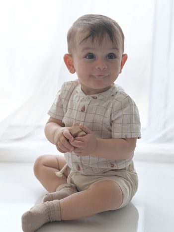 KANZ  Off-White Mandarin Collar Short Sleeve Baby Boy Shirt and Shorts 2-Piece Set